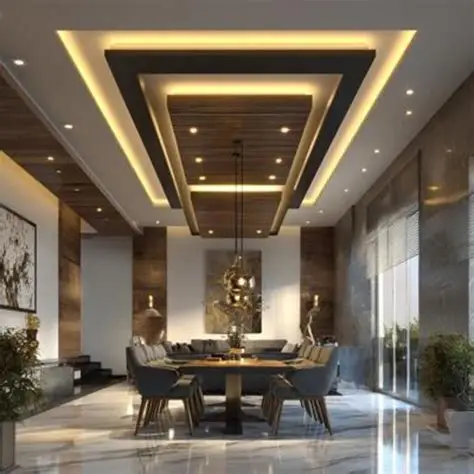 Designer false ceiling with cove lighting in a living room